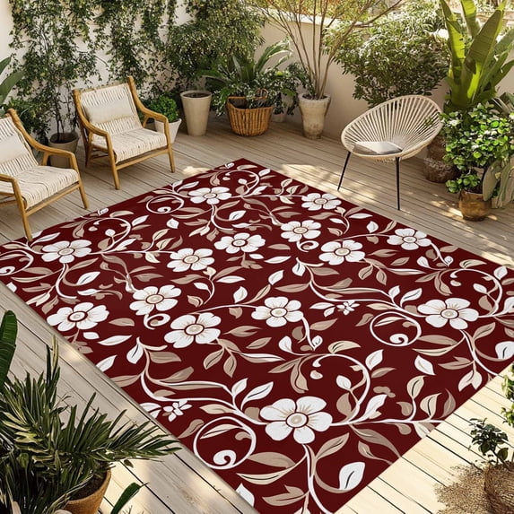 Red White Floral Outdoor Rug 4x6 Ft - Reversible Patio Rug Outdoor Camping Rugs, Farmhouse Retro Botanical Leaves Washable Indoor Outdoor Area Rugs, Non-Slip Outdoor Carpet Runner for Deck/Porch
