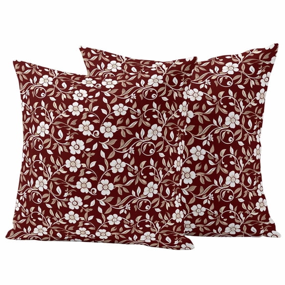 Red White Floral Outdoor Waterproof Pillow Covers, Farmhouse Retro Botanical Leaves Decorative Square Throw Pillowcase Sofa Cushion Sham for Patio/Couch/Chair, 18"x18" 2 Pack