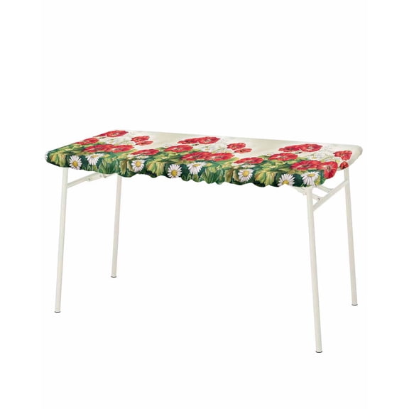 Red White Floral Rectangle Tablecloth, Waterproof Elastic Fitted Table Covers for 8 Foot Tables, 32x96inch Decorative Tablecloths for Picnic, Camping, Indoor, Outdoor, Daisy Green Botanical Leaves
