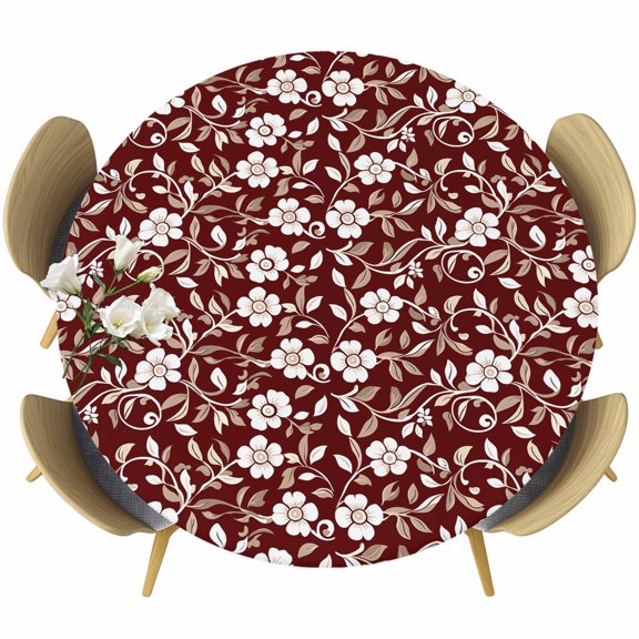 Red White Floral Round Tablecloth 36-44 Inch Round Fitted Table Cloth with Elastic Edge, Farmhouse Retro Botanical Leaves Waterproof Table Cover Protector for Outdoor Picnic Party Dining