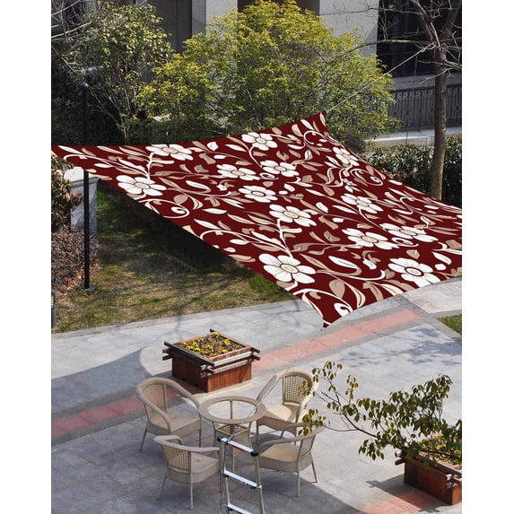 Red White Floral Sun Shade Sail 6.5'x10' Rectangle Outdoor Shade Canopy, Farmhouse Retro Botanical Leaves Porch Shades Outdoor Sun Blocking Screen, Sunshade Cloth Covers for Patio/Deck/Garden
