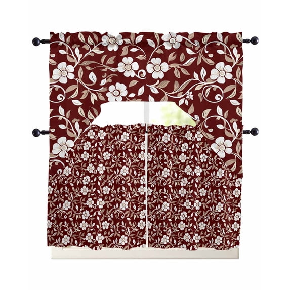 Red White Floral Swag Curtains for Living Room/Bedroom Windows, Farmhouse Retro Botanical Leaves Kitchen Curtains and Valances Set 36 Inch Length, Light Filtering Swags Valance Curtain Panels