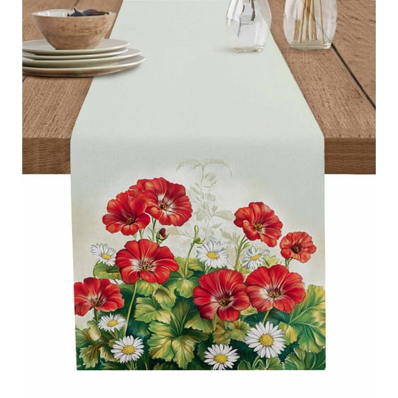 Red White Floral Table Runner Cotton Linen 48 Inch Holiday Dresser Scarves, Daisy Green Botanical Leaves Tablerunner for Kitchen Coffee Dining Bedroom Home Living Room Dinner Scarf Décor 13''x48''