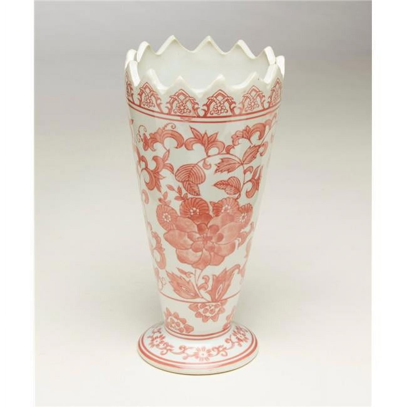 Red and White Floral Porcelain Vase with Saw Tooth Edge