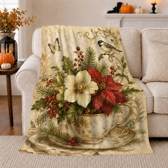 Red and White Flowers in a Cup Illustrated Print Soft Flannel Blanket, Festive Botanical Style for Garden Lovers, Christmas Gift for Living Room and Bedroom, Home Decor