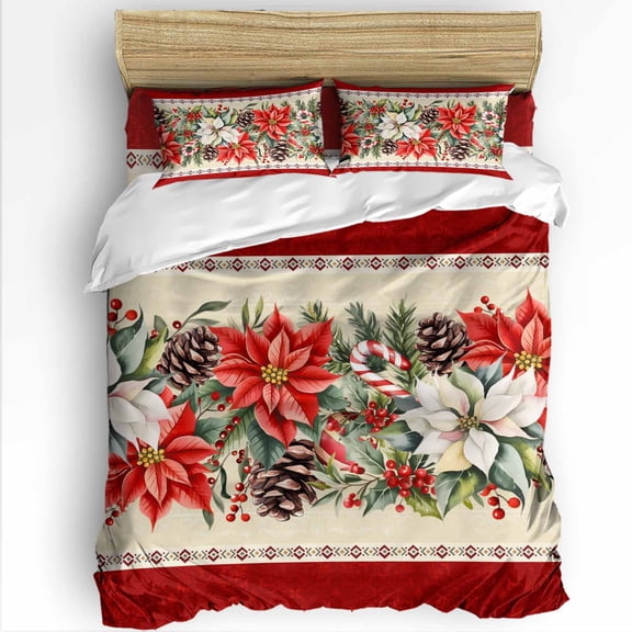 Red White Flowers King Size Comforter Set, Pine Cone Winter Snowflakes Christmas Lace Bedding for All Seasons, 4 Pcs Bed Set with 1Comforter (90"x106") ,1 Sheet(94"x116"), 2 Pillowcases (19"x35")