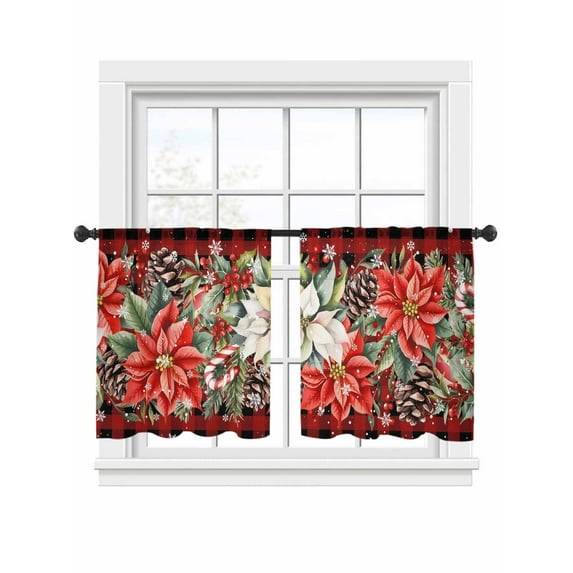 Red White Flowers Sheer Curtains 45 inches Long, Pine Cone Winter Snowflakes Christmas Red Black Plaid Light Filtering Sheer Window Curtains Rod Pocket Voile Drapes for Bedroom Living Room, 52"Wx45"L