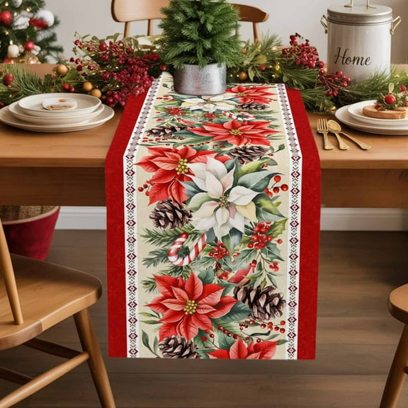 Red White Flowers Table Runner 13x36 Inch Pine Cone Winter Snowflakes Christmas Retro Lace Table Runners Dresser Scarves Winter Holiday Kitchen Dining Table Decoration for Home Party Indoor
