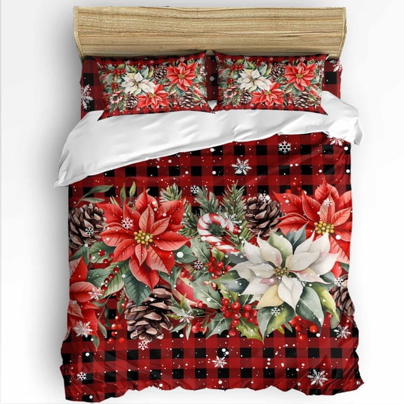 Red White Flowers Twin Size Comforter Set, Pine Cone Winter Snowflakes Christmas Red Plaid Bedding for All Seasons, 4 Pcs Bed Set with 1 Comforter (68"x86") ,1Sheet(66"x116"), 2 Pillowcases (19"x29")