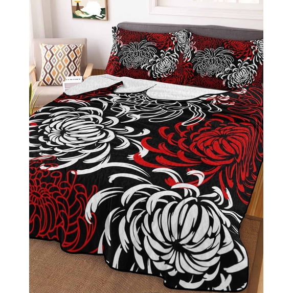 Red White Full Size Down Alternative Comforter, Lightweight Comforter Quilt Bedding Set with Pillow Shams Abstract Black Chrysanthemum Flower Floral All Seasons Bed Comforter Duvet Insert 78"x90"
