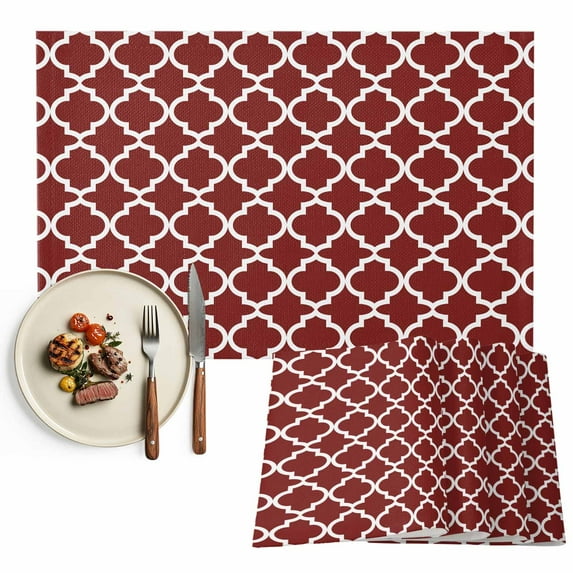 Red White Geometric Placemats Set of 6, Minimalist Morocco Pattern Table Mats Washable Heat-Resistant Non-Slip Place Mats for Kitchen Dinner Table Indoor Outdoor Decor,13x19 Inch