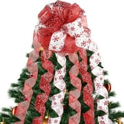 LoomJoyz 11 Inch Red White Glitter Christmas Tree Topper Bow - 3 Yards Streamer Tails Large Holiday Party Home Decor
