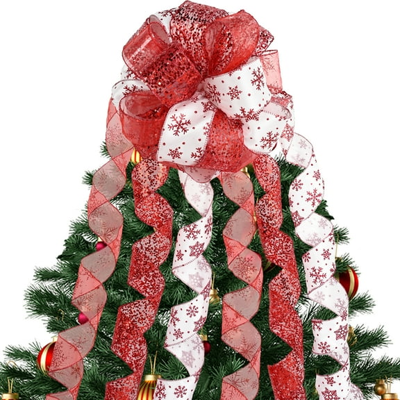 LoomJoyz 11 Inch Red White Glitter Christmas Tree Topper Bow - 3 Yards Streamer Tails Large Holiday Party Home Decor