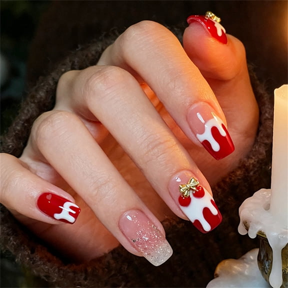 Red White Glossy French Tip False Nails ABS Press For Holiday Wear Comfortable
