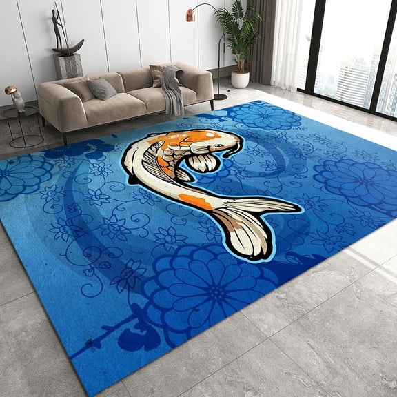 Red and White Goldfish Carp Area Rugs, Blue Simple Hand Painted Wreath Flowers Background Animals Indoor Rug, Area Carpet Pattern Clear Comfortable Feet for Playroom Cafe Office,5ft x 8ft