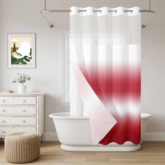 Red and White Gradient No Hook Shower Curtain with Snap in Liner, Minimalist Wine Red Ombre Modern Waterproof Shower Curtains with See Through Top Window Liner for Bathroom, 36x78 Inches