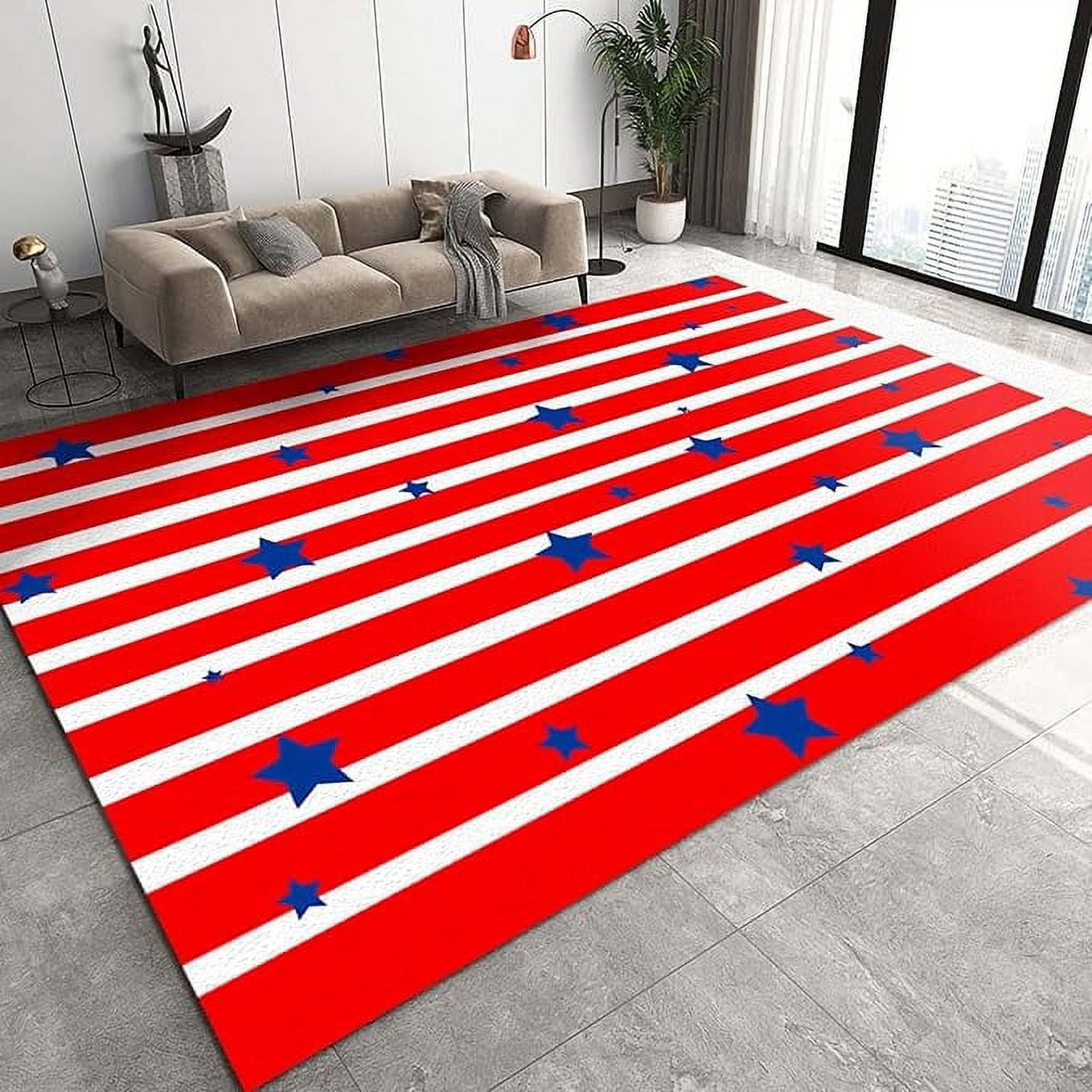 Red White Gradient Stripes Area Rug, Blue Stars Simple Indoor Non-Slip ...