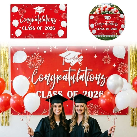 Red White Graduation Banner 2026 with Congrats Grad Design for Party Photo Booth and Cake Table in 180x110cm