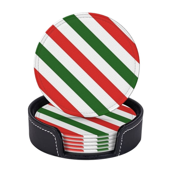 Red, White & Green Candy Cane Pattern Coasters With Leather Holder Set Of 6 Round Coasters for Home and Kitchen Decor