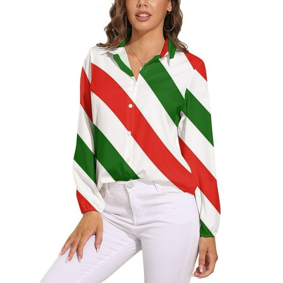Red, White & Green Candy Cane Pattern Long Sleeve Blouse Woman Streetwear Casual Shirts Summer Oversize Woman Streetwear Clothing Birthday Present
