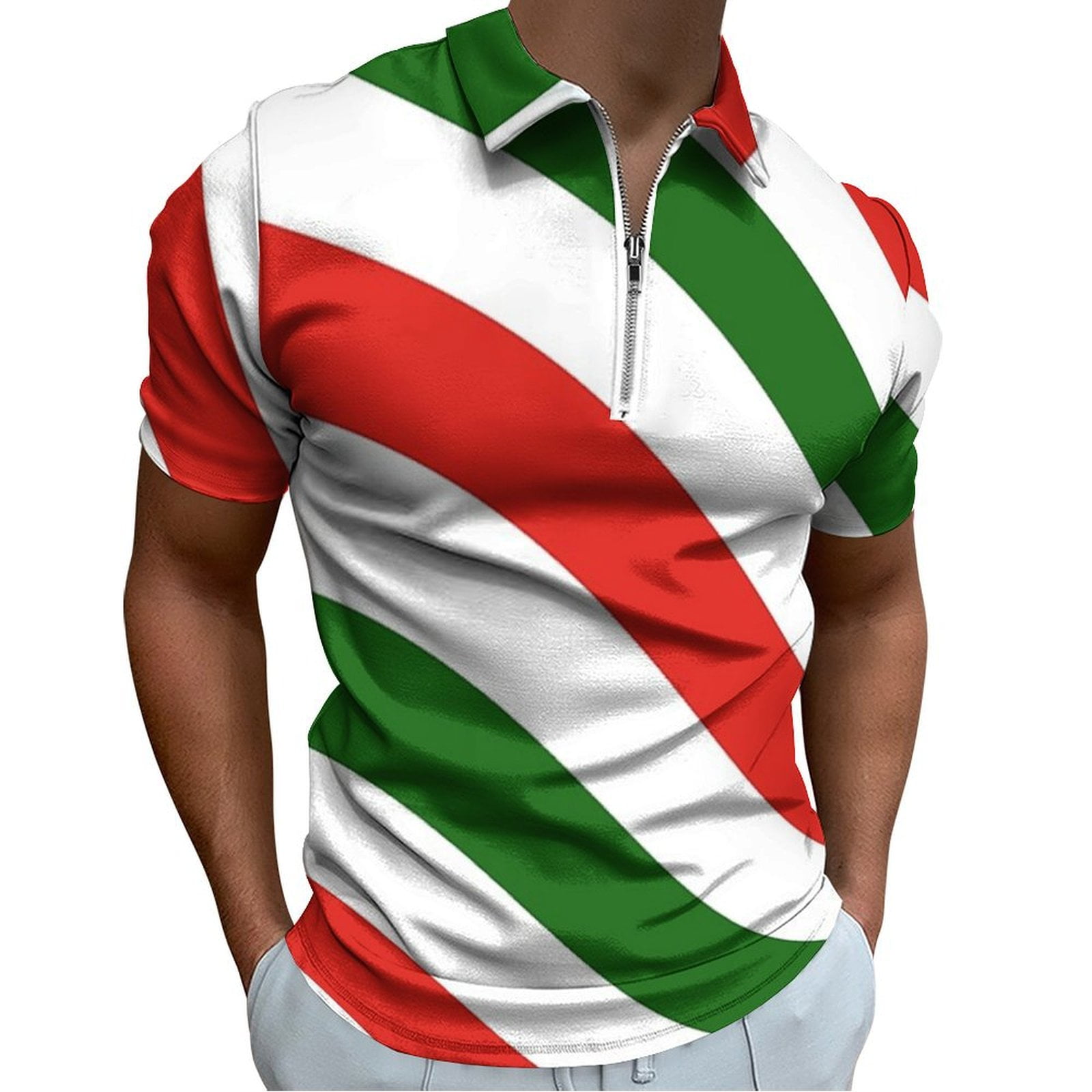 Red, White & Green Candy Cane Pattern Men Zipper T-shirt Summer