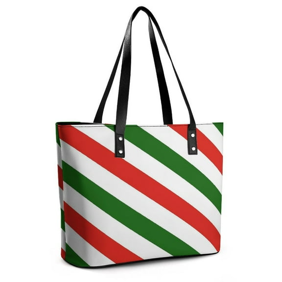 Red, White & Green Candy Cane Pattern Woman Leather Handbags Large Tote Bag Fashion Portable Handbags With Zipper