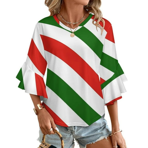 Red, White & Green Candy Cane Pattern Women's V-Neck Blouse With 3/4 Ruffled Bell Sleeves Casual Top Ladies Blouses