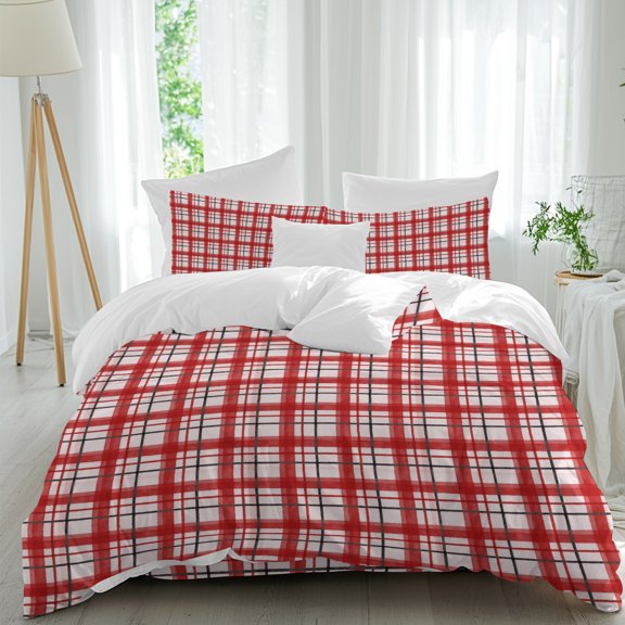 Red White Grid Gingham Comforter Set King Size, Abstract Modern Minimalist Stripe Checked Soft Bedding Set for Man Woman, 4 Pieces Duvet Cover Set with Flat Sheet, 2 Pillowcases