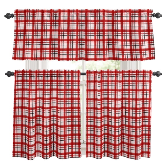 Red White Grid Gingham Kitchen Curtains and Valances Set, Abstract Modern Minimalist Stripe Checked 3 Piece Curtains Valances and Tiers Set Rod Pocket for Kitchen Bathroom Windows 24 Inch