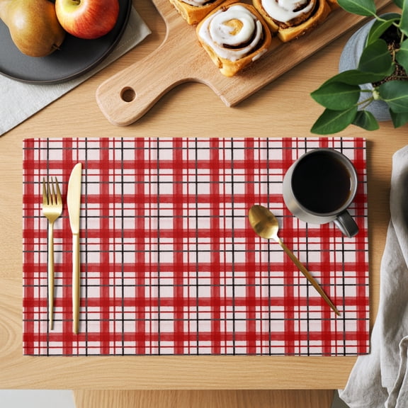 Red White Grid Gingham Placemats Set of 8, Abstract Modern Minimalist Stripe Checked Non-Slip Place Mats Washable Table Mats for Kitchen Dining Table Decorations Indoor/Outdoor
