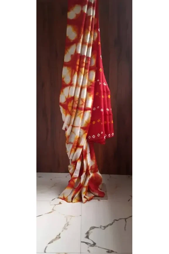 Red White Hand Tie & Dye Bandhej Pure Silk Saree