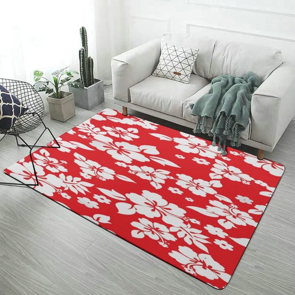 Red with White Hibiscus Hawaiian Flower Pattern (2) Carpet for Home Decoration Soft Comfy Rugs for Bedroom Room Living Room Bathroom Entrance Door Non-slip Comfort Mat 47"x 31.5"