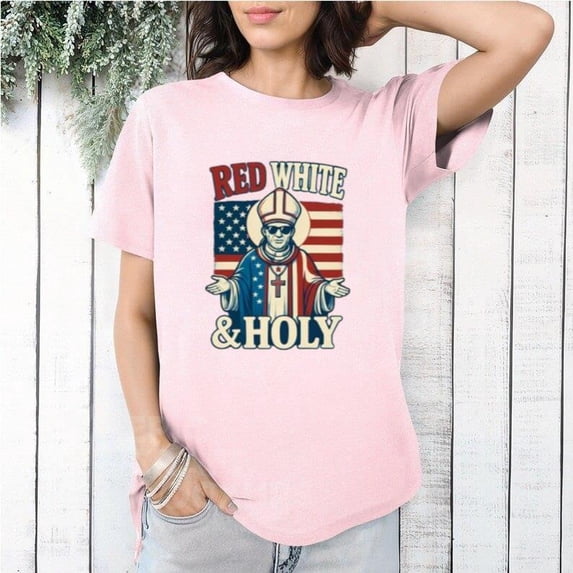 Red White Holly Pope Leo XIV Patriotic Catholic Humor Statement T-Shirt, for men & women, up to size 5XL