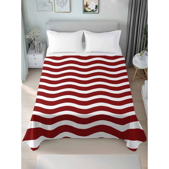 Red White King Size Flat Sheet, Wrinkleproof & Fadeproof Cooling Flat Bed Sheet Only, Modern Abstract Waves Water Ripple Striped Breathable Soft Bedding Top Sheets 105 x 98 Inches