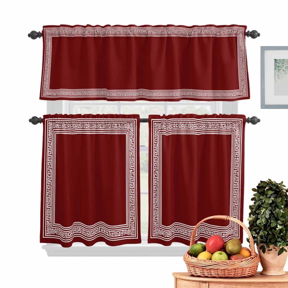 Red White Kitchen Curtains Valances 3 Piece Set, Geometric Greek Key Bordered Abstract Art Rod Pocket Tier Curtain and Valance Drapes for Small Window 24 Inch Length for Bedroom Cafe