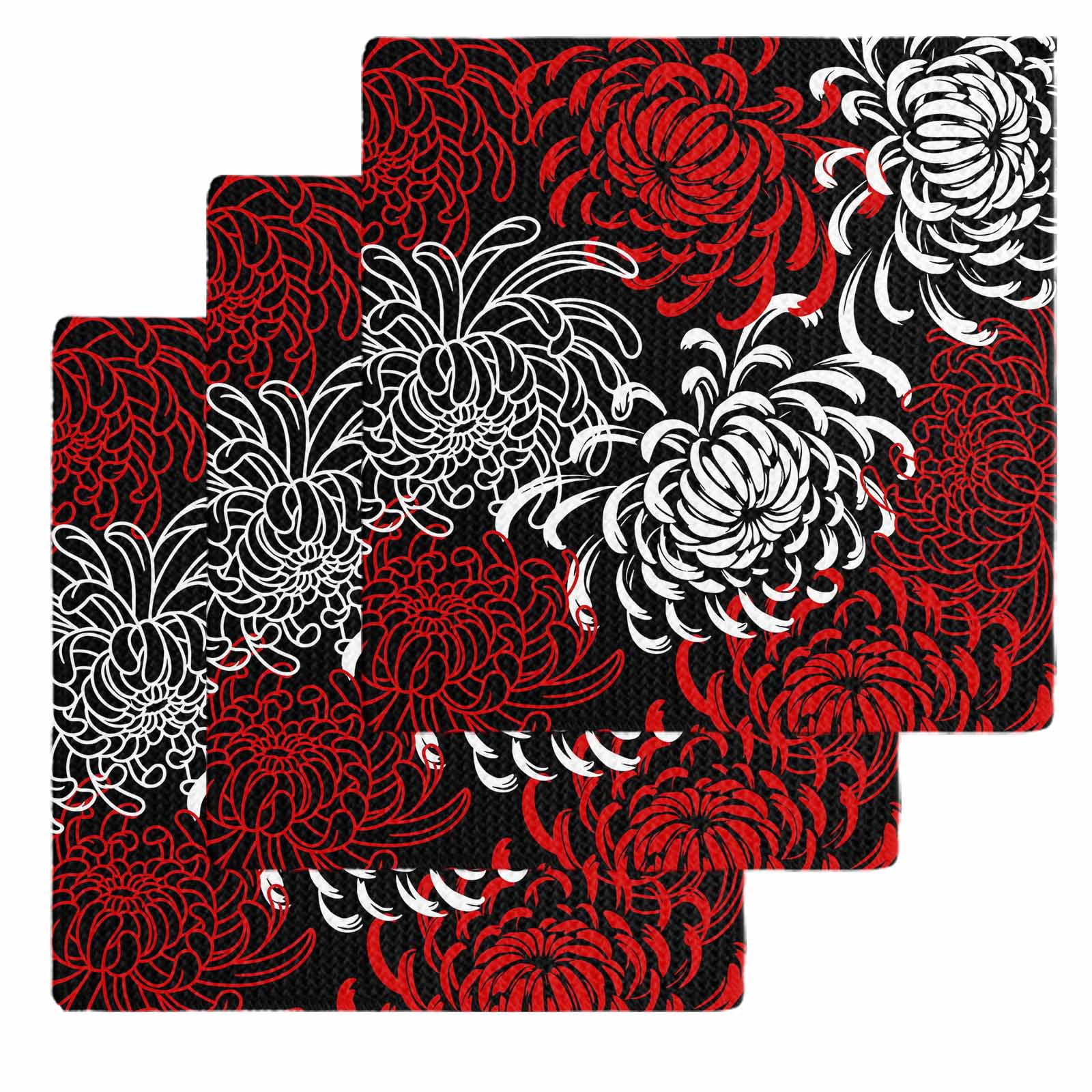 Red White Kitchen Dish Towels for Drying Dishes Set of 3, Abstract Black Chrysanthemum Flower Floral Waffle Weave Microfiber Hand Tea Bathroom Towels Quick Dry & Absorbent Towel 12x12