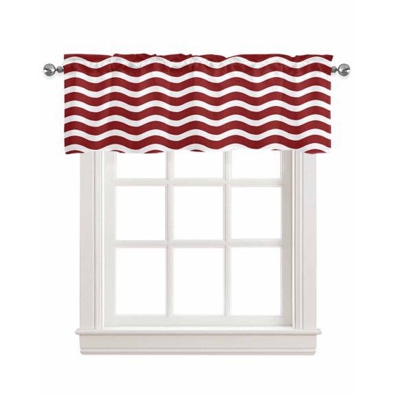 Red White Kitchen Valances for Windows Farmhouse Linen Window Valance Curtain for Living Room Window Treatment Modern Abstract Waves Water Ripple Striped Valance Rod Pocket Topper Drape, 42 x 12 Inch