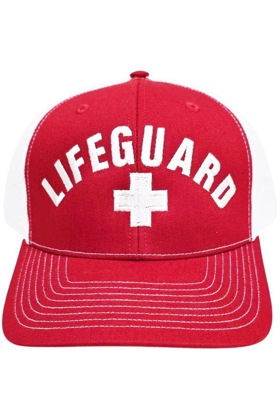 Red/White + Lifeguard Trucker Hat | Mesh Back Snapback Adjustable Structured Professional Safety Lifeguard Cap Men Women