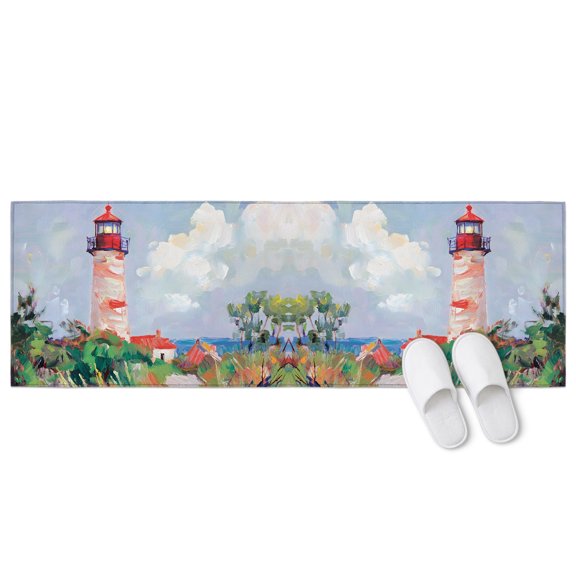 Red White Lighthouse 1 Piece Non-Slip Kitchen Mat Set, Coastal Rustic Grass Dunes Textured Brushwork Soft Door Mat with Rubber Backing, Dirtproof Rugs for Entrance Doorway, 15.7 x 47.2in