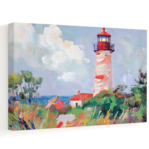 Red White Lighthouse Canvas Wall Art, Coastal Rustic Grass Dunes Textured Brushwork Wall Art Prints Artwork Framed Canvas Ready to Hang Art Pictures for Bathroom Bedroom Entry Desk Corner 10" x 8"