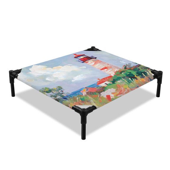 Red White Lighthouse Elevated Dog Bed, Coastal Rustic Grass Dunes Textured Brushwork Cooling Breathable Outdoor Raised Dog Cot Bed with Metal Frame Non-Slip Feet for Small Dog 20x20in
