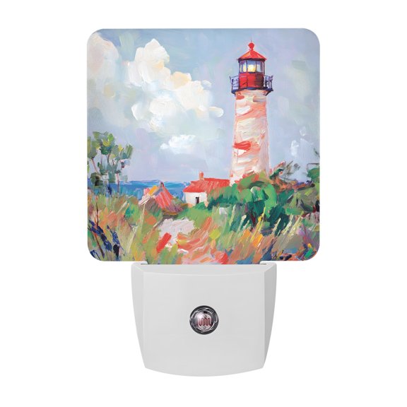 Red White Lighthouse Night Lights, Coastal Rustic Grass Dunes Textured Brushwork Smart Auto Dusk to Dawn Sensor Nightlights Plug-in Nightlight for Bedroom Bathroom Living Room Kitchen Hallway
