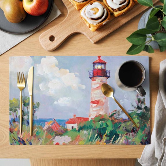 Red White Lighthouse Placemats Set of 1, Coastal Rustic Grass Dunes Textured Brushwork Non-Slip Place Mats Washable Table Mats for Kitchen Dining Table Decorations Indoor/Outdoor