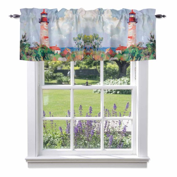 Red White Lighthouse Window Valance for Kitchen, Coastal Rustic Grass Dunes Textured Brushwork Rod Pocket Short Curtains for Bathroom Bedroom Window, Light Filtering Decorative Valances, 42x12 Inch