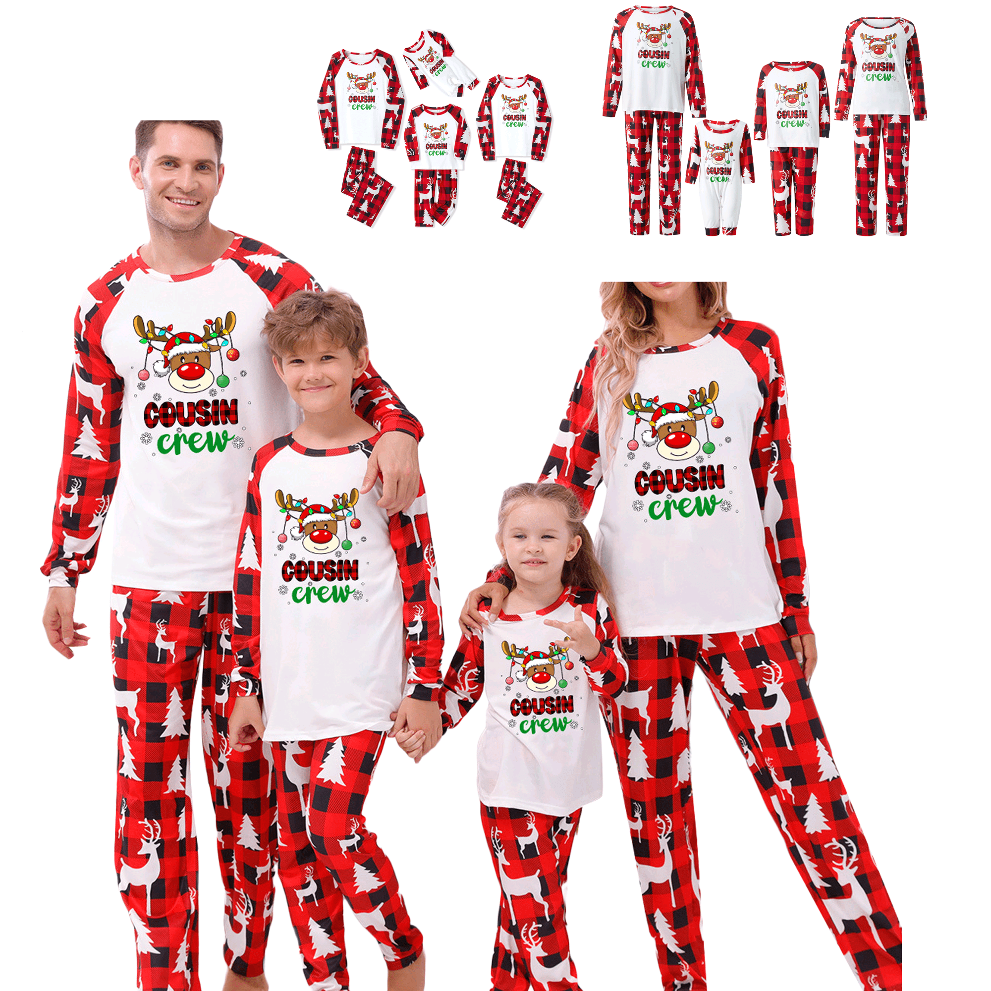 Red White Matching Christmas Pajamas For Family, Reindeer Printed