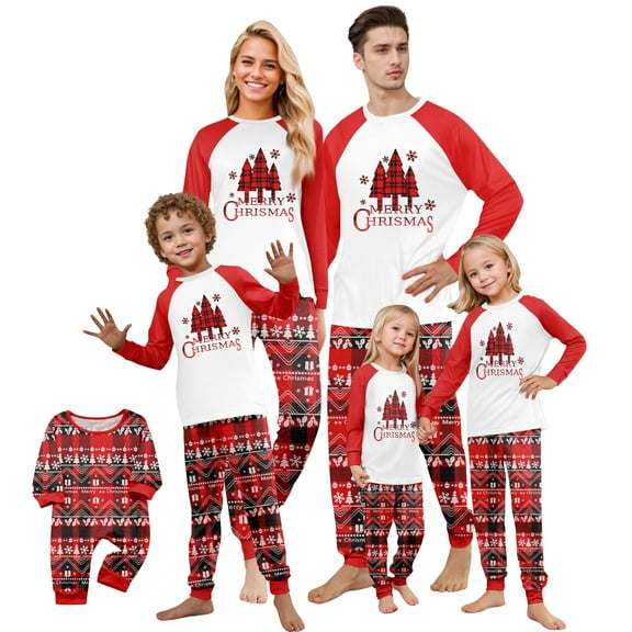 Red and White Merry Christmas Family Matching Pajamas Sets – Long Sleeve Raglan Tops with "Merry Christmas" Letter Print and Red Plaid Fair Isle Pants, Festive Xmas PJs Sleepwear Outfits for Families