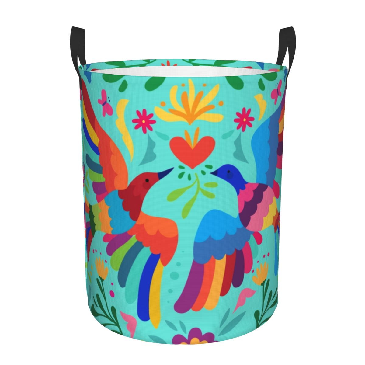 Red White Mexican Flowers Laundry Basket Collapsible Textile Floral Art Toy Clothes Hamper