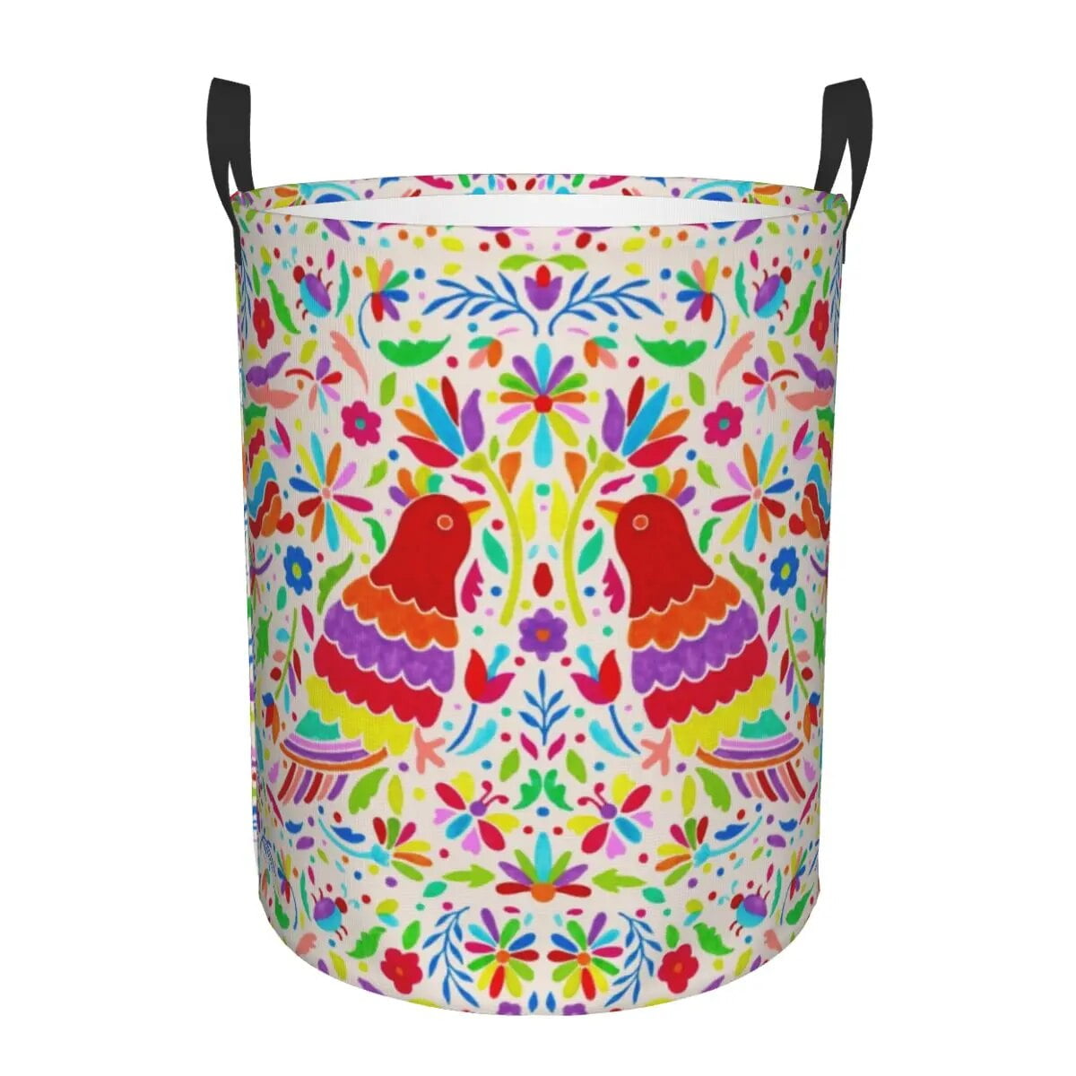 Red White Mexican Flowers Laundry Basket Foldable Textile Floral Art Clothes Hamper for Nursery