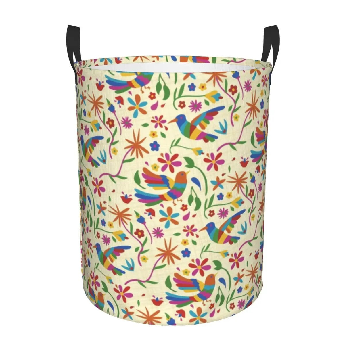 Red White Mexican Flowers Laundry Basket Foldable Textile Floral Art Clothes Hamper for Nursery