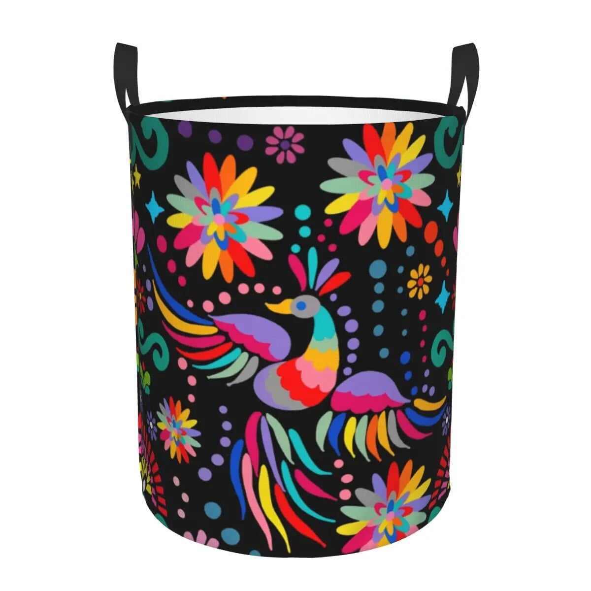 Red White Mexican Flowers Laundry Basket Foldable Textile Floral Art Clothes Hamper for Nursery
